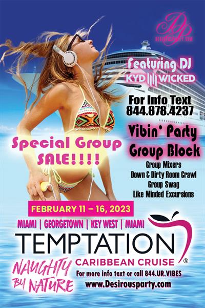 Sat, Feb 11, 2023 Temptation Caribbean Cruise 2023- Special Party Group Cabin Block at Temptation Caribbean Cruises Public Venue  