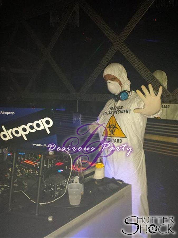 Dj dropcap wearing his ebola hazmat suit at the halloween party in houston.
